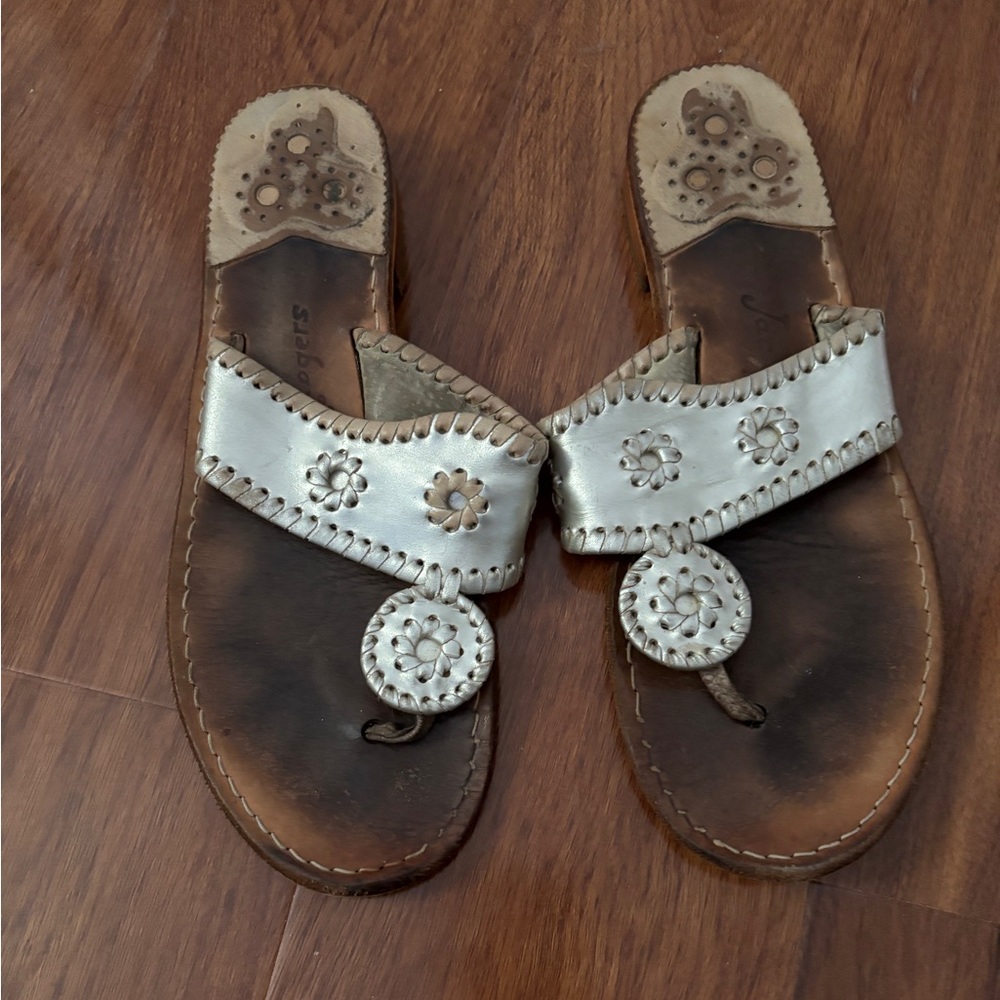 Jack Roger’s Leather Thong Flip Flop Sandals with Floral Accents